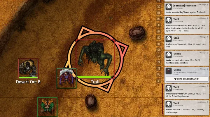 Familiar in Foundry VTT: een gevecht op een kaart, met rechts de reacties van de AI-assistent in de chat